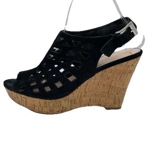 Franco Sarto Black Suede Sandal Cage Wedge Platform Chunky‎ Strappy Sassy Sz 10M
